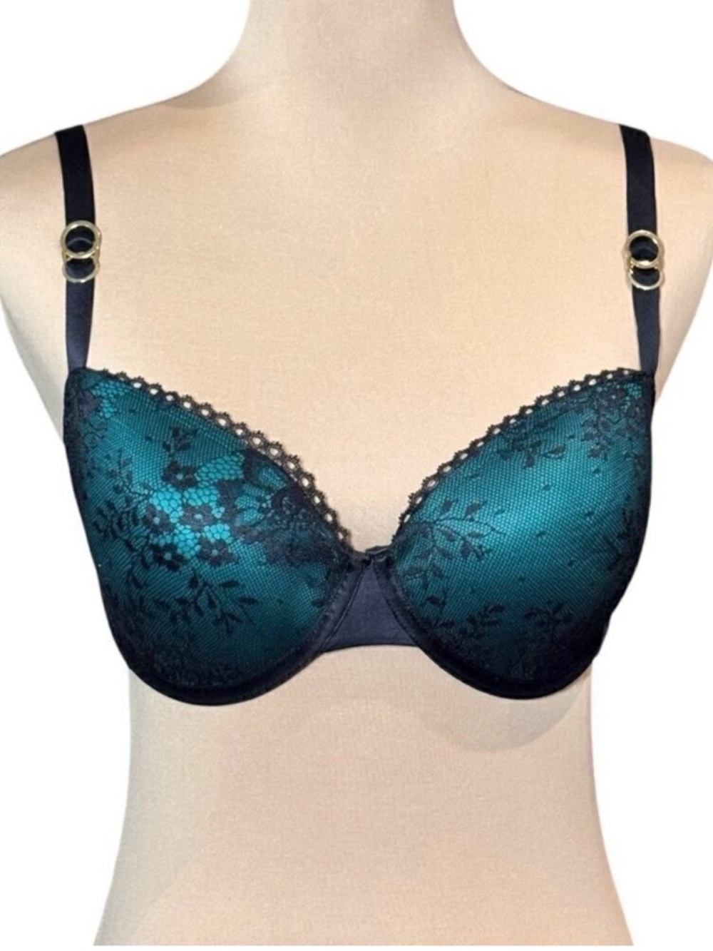 NWT Stella Mccartney Lace Balconette Bra Sz.34E Black Teal Sexy Lingerie